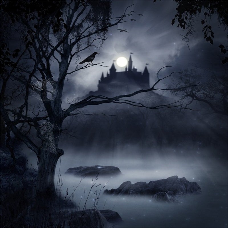 Laeacco Halloween Theme Backdrop 10x10ft Moonlight Foggy Wood Creepy River Haunted Castle Photography Background Ghastly Tree Cobweb Horror Night Halloween Party Banner Trick Or Treat Decoration - Image 1